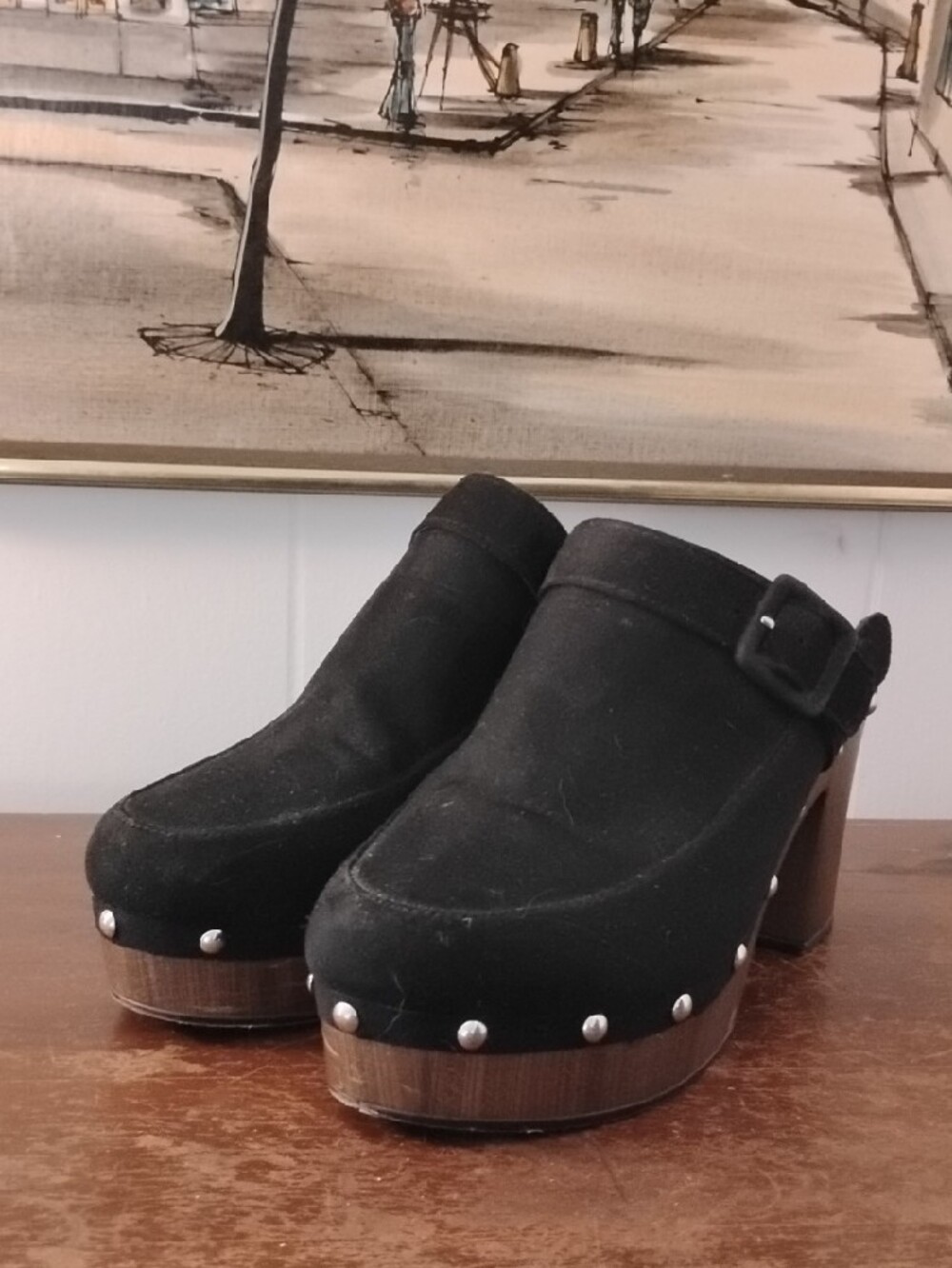 Sugar Black Studded Clog Mules with Wood Block Heel - Picture 6 of 8